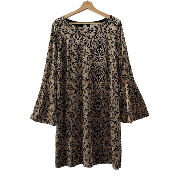 Eci Whimsical Witchy Gold Velvet Burnout Dress Sultry Flare Sleeve Dark Boho L - Picture 2 of 9